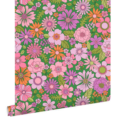 ESTAhome behang retro bloemen groen, paars, roze en oranje - 50 x 900 cm