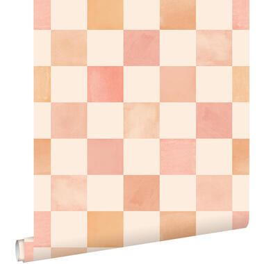 ESTAhome behang geblokt motief beige, oranje en roze - 50 x 900 cm