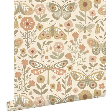 ESTAhome behang bloemen & vlinders groen en beige - 50 x 900 cm