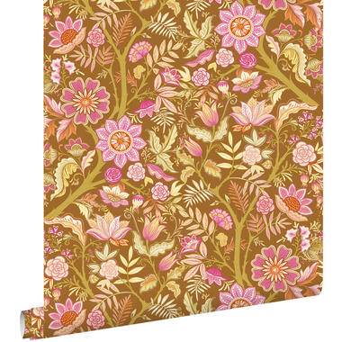 ESTAhome behang vintage bloemen groen en fuchsia roze - 50 x 900 cm