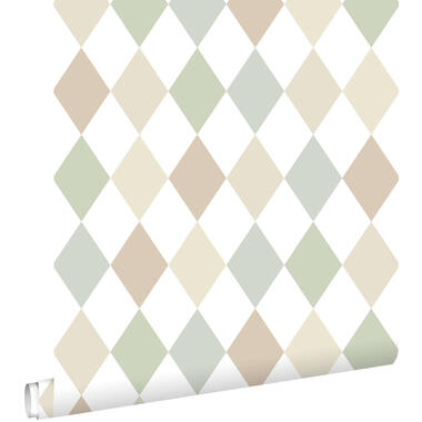 ESTAhome behang ruitmotief beige, blauw en groen - 50 x 900 cm