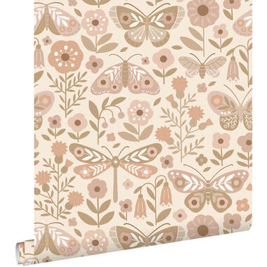 ESTAhome behang bloemen & vlinders beige en roze - 50 x 900 cm