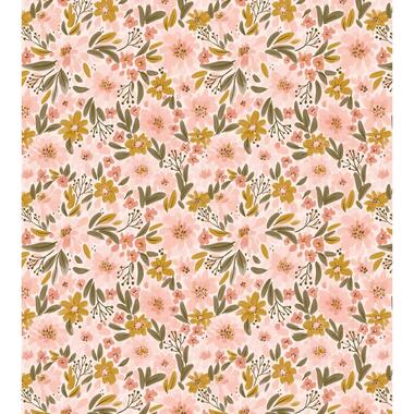ESTAhome fotobehang bloemen licht roze, okergeel en vergrijsd groen