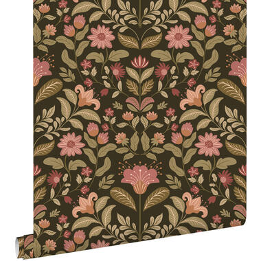 ESTAhome behang vintage bloemen groen en roze - 50 x 900 cm