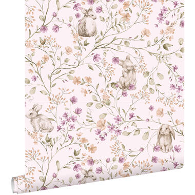 ESTAhome behang konijnen paars, groen en bruin - 50 x 900 cm