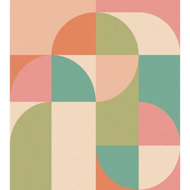 ESTAhome fotobehang cirkels in Bauhaus stijl roze, groen en blauw