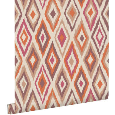 ESTAhome behang ruiten oranje, beige en paars - 50 x 900 cm