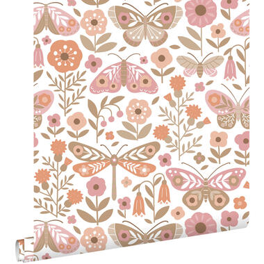 ESTAhome behang bloemen & vlinders wit, bruin en roze - 50 x 900 cm