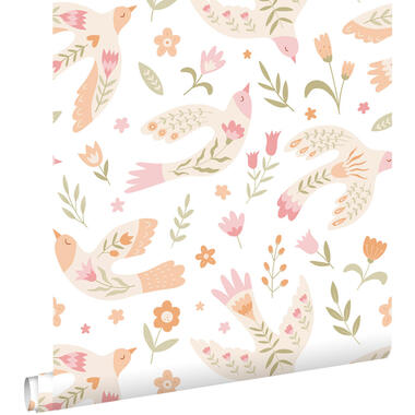 ESTAhome behang bloemen en vogels wit, roze en oranje - 50 x 900 cm