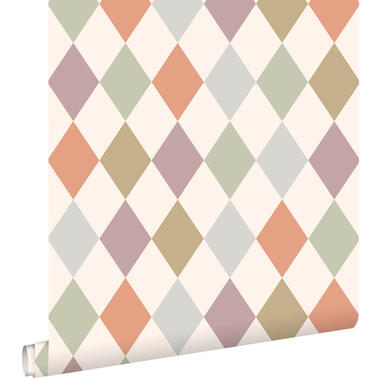 ESTAhome behang ruitmotief beige, paars en terracotta - 50 x 900 cm