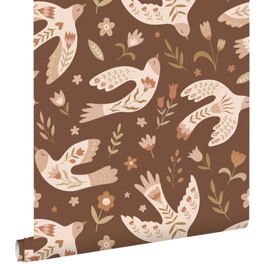 ESTAhome behang bloemen en vogels bruin - 50 x 900 cm
