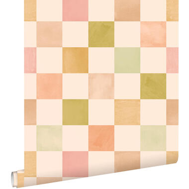 ESTAhome behang geblokt motief beige, roze en groen - 50 x 900 cm