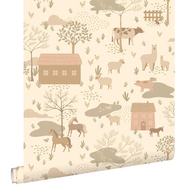 ESTAhome behang boerderij dieren beige - 50 x 900 cm