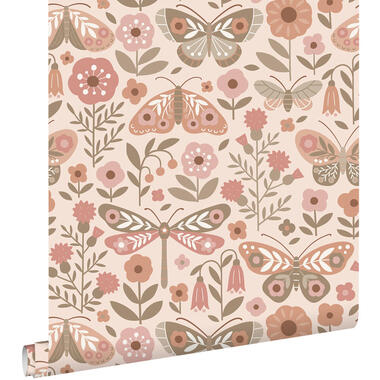 ESTAhome behang bloemen & vlinders beige, groen en oudroze - 50 x 900 cm