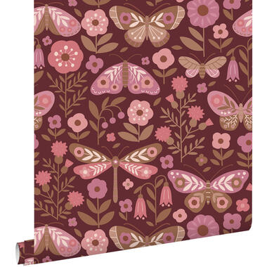 ESTAhome behang bloemen & vlinders donker paars en roze - 50 x 900 cm