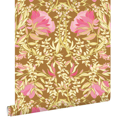 ESTAhome behang vintage bloemen in art nouveau stijl groen en fuchsia roze