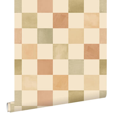 ESTAhome behang geblokt motief beige, bruin en groen - 50 x 900 cm