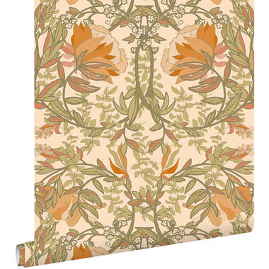 ESTAhome behang vintage bloemen in art nouveau stijl groen en oranje