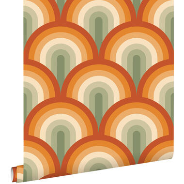 ESTAhome behang art deco bogen groen en oranje - 50 x 900 cm