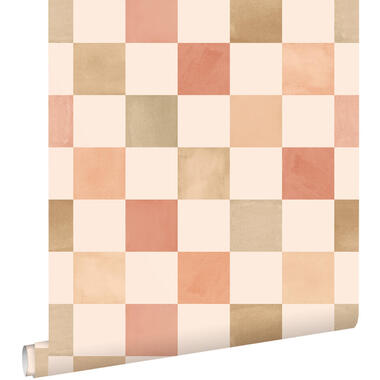 ESTAhome behang geblokt motief beige en terracotta - 50 x 900 cm