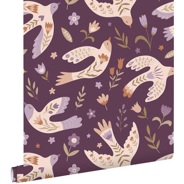 ESTAhome behang bloemen en vogels paars - 50 x 900 cm