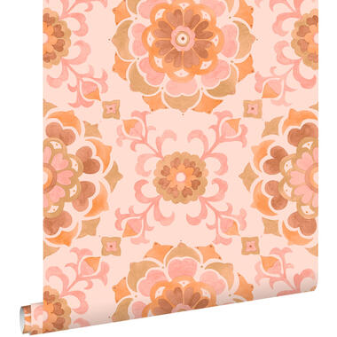 ESTAhome behang tegelmotief roze en oranje - 50 x 900 cm