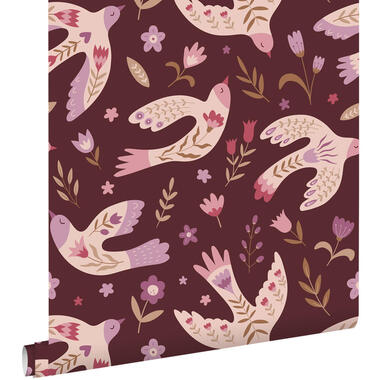 ESTAhome behang bloemen en vogels aubergine paars - 50 x 900 cm