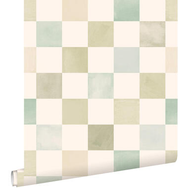 ESTAhome behang geblokt motief beige, blauw en groen - 50 x 900 cm