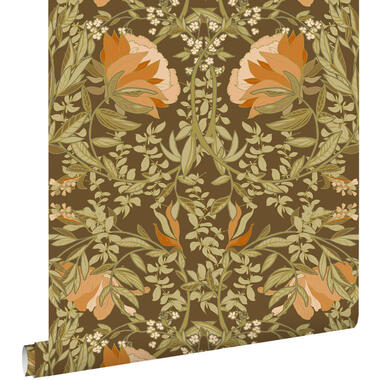 ESTAhome behang vintage bloemen in art nouveau stijl groen en oranje
