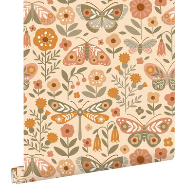 ESTAhome behang bloemen & vlinders oranje en groen - 50 x 900 cm