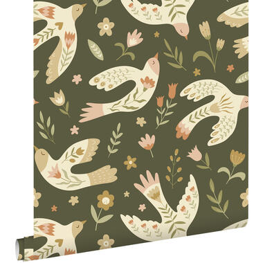 ESTAhome behang bloemen en vogels groen - 50 x 900 cm