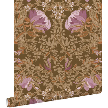 ESTAhome behang vintage bloemen in art nouveau stijl bruin en mauve paars