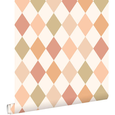 ESTAhome behang ruitmotief roze, terracotta en groen - 50 x 900 cm