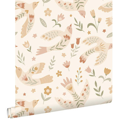 ESTAhome behang bloemen en vogels beige - 50 x 900 cm