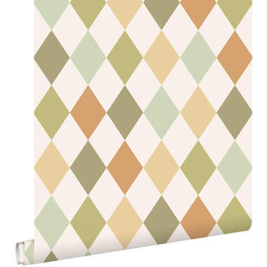 ESTAhome behang ruitmotief groen en oranje - 50 x 900 cm