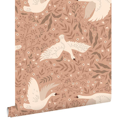 ESTAhome behang zwanen donker terracotta roze - 50 x 900 cm