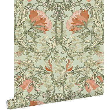 ESTAhome behang vintage bloemen in art nouveau stijl groen en terracotta
