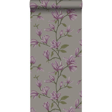 Origin behang - magnolia - taupe en aubergine paars - 53 cm x 10,05 m product