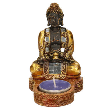 Boeddha beeld - goudkleurig - waxinelichthouder - polystone - 12 cm product