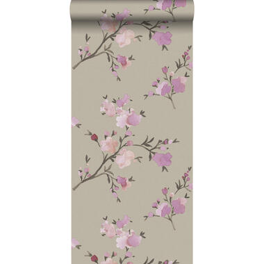 ESTAhome behang - kersenbloesems - taupe en lila - 53 cm x 10,05 m product