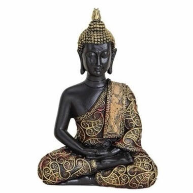 Boeddha beeld - zwart met goudkleurig - zittend - polystone - 15 cm product