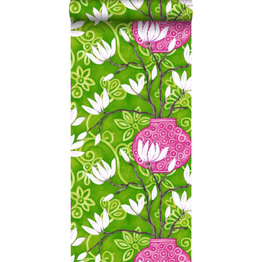 Origin behang - magnolia - groen en roze - 53 cm x 10,05 m product