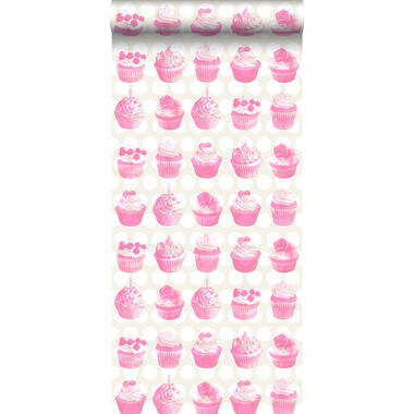 ESTAhome behang - cupcakes op glanzende stip - roze - 53 cm x 10,05 m product