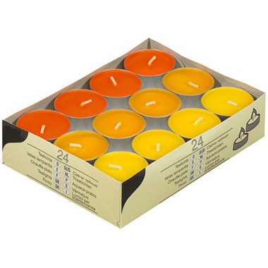 Waxinelichtjes - oranje en geel - 24 stuks - brandtijd ca 4 uur product