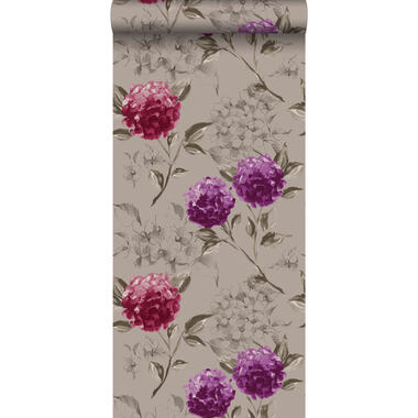 ESTAhome behang - hortensia's - taupe en aubergine paars product