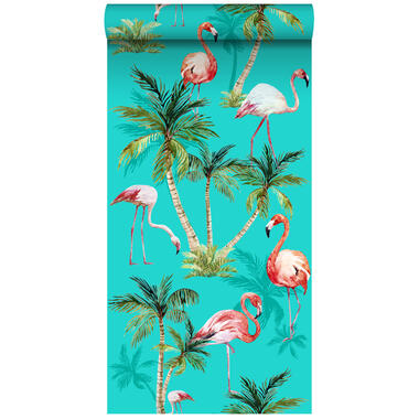 ESTAhome behang XXL - flamingos - turquoise, roze - 46,5 cm x 8,37 m product