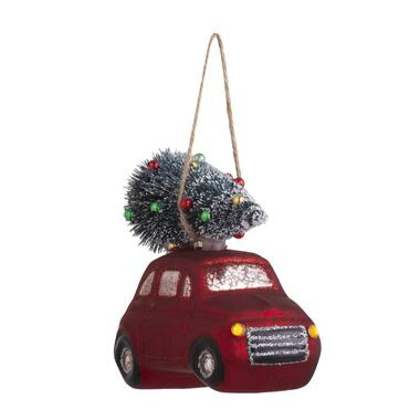 Leen Bakker Kerstbal Driving Home rood glas 11x12x7 cm