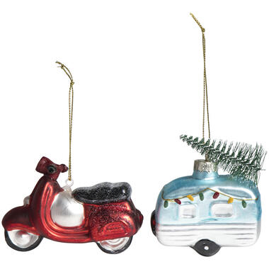 Kerst ornament Scooter en Caravan - glas - set product