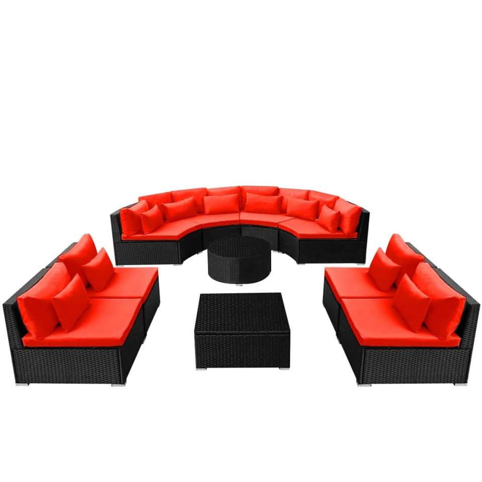 VIDAXL 11-delige Loungeset met kussens poly rattan rood
