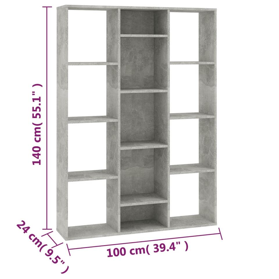 VIDAXL Kamerscherm/boekenkast 100x24x140 cm spaanplaat betongrijs
